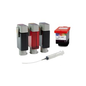 Primera LX3000e/LX4000e Dye Tinte Conversion Kit, inkl. 3 Tintentanks, 1 Druckkopf und 1 Spritze (syringe) zum Entfernen der pigmentierten Resttinte aus den Schläuchen und zum Umstieg auf Dye Tinte