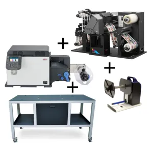 OKI 1050 Pro + Afinia DLF140S Bundle besteht aus Oki 1050 Pro Farbetikettendrucker auf Dry Toner Basis und Afinia DLF140S, DTM RW-7 Aufwickler und OKI1050TBL Eisentisch mit Rädern