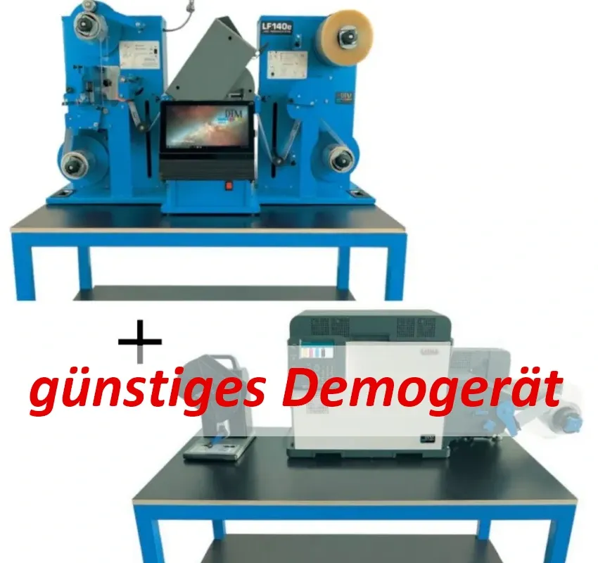 Demogerät: DTM LF140e + OKI Pro1050 Bundle besteht aus Oki 1050 Pro Farbetikettendrucker, LF140e Finisher, RW-7 Aufwickler/Abwickler, 11.6'' touch screen PC, Arbeitstische, volle Garantie*