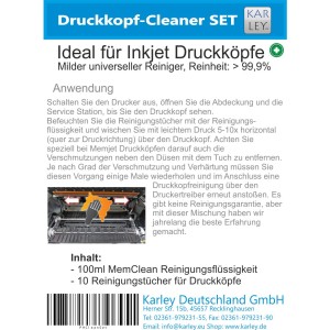 Inkjet Druckkopf Reiniger Set, bestehend aus 100ml MemClean und 10 Reinigungstüchern