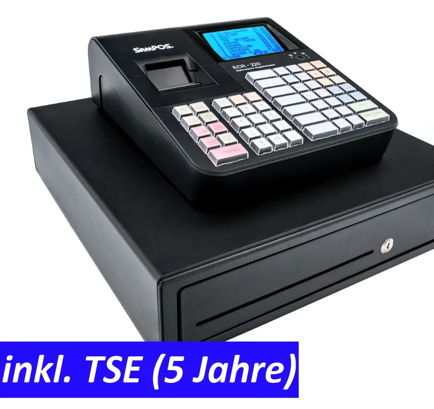 SAMPOS ECR-220 II L Elektronische Registrierkasse für GdPdU konforme Kassenvorgänge inkl. TSE Modul mit 5 Jahren Laufzeit und mit großer Schublade