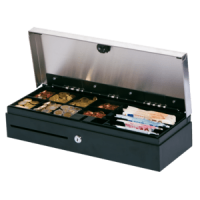 Metapace K-3, Edelstahl Kassenlade, Klappdeckel, Maße (BxHxT): 460x100x170mm, Einsatz: 6 Scheinfächer (vertikal), 8 Münzfächer 